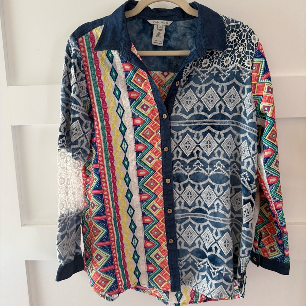 John Mark Embroidered Patchwork Lace Blue Tie-Dye… - image 2